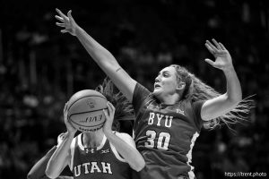 (Trent Nelson  |  The Salt Lake Tribune) 
Utah Utes guard Kennady McQueen (24) and BYU Cougars guard Lauren Davenport (30) as Utah hosts BYU, NCAA basketball in Salt Lake City on Saturday, March 1, 2025.
