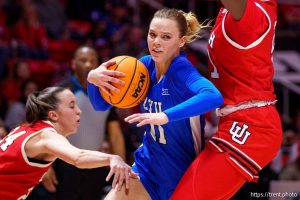 (Trent Nelson  |  The Salt Lake Tribune) BYU Cougars guard Delaney Gibb (11) as Utah hosts BYU, NCAA basketball in Salt Lake City on Saturday, March 1, 2025.
