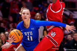 (Trent Nelson  |  The Salt Lake Tribune) 
BYU Cougars guard Delaney Gibb (11) as Utah hosts BYU, NCAA basketball in Salt Lake City on Saturday, March 1, 2025.