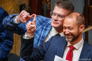 (Trent Nelson  |  The Salt Lake Tribune) Rep. Jason Thompson, R-Logan, and Rep. Jordan Teuscher, R-South Jordan, vote on a bill at the Utah Capitol in Salt Lake City on Tuesday, March 4, 2025.
