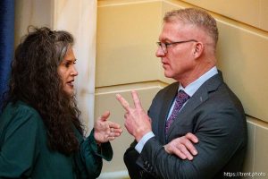 (Trent Nelson  |  The Salt Lake Tribune) Sen. Jen Plumb, D-Salt Lake City, and Sen. Calvin Musselman, R-West Haven, at the Utah Capitol in Salt Lake City on Thursday, March 6, 2025.