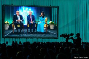 (Trent Nelson  |  The Salt Lake Tribune) Latter-day Saint apostles Jeffrey Holland, Neil Andersen, and Kathy Andersen at the RootsTech Conference in Salt Lake City on Saturday, March 8, 2025.