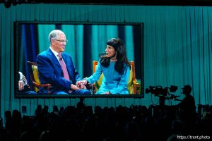 (Trent Nelson  |  The Salt Lake Tribune) Latter-day Saint apostles Jeffrey Holland, Neil Andersen, and Kathy Andersen at the RootsTech Conference in Salt Lake City on Saturday, March 8, 2025.