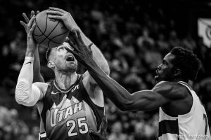 (Trent Nelson  |  The Salt Lake Tribune) Utah Jazz center Micah Potter (25) as the Utah Jazz host the Washington Wizards, NBA basketball in Salt Lake City on Wednesday, March 19, 2025.