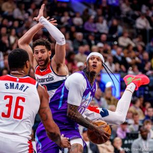 (Trent Nelson  |  The Salt Lake Tribune) Utah Jazz guard Jordan Clarkson (00) as the Utah Jazz host the Washington Wizards, NBA basketball in Salt Lake City on Wednesday, March 19, 2025.