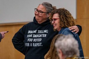 (Trent Nelson  |  The Salt Lake Tribune) Rep. Celeste Maloy poses for a photograph at a joint town hall with Rep. Mike Kennedy in Salt Lake City on Thursday, March 20, 2025. The woman's shirt reads 