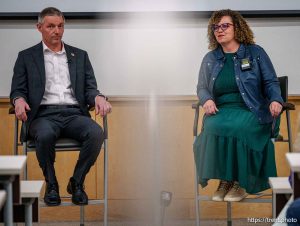 (Trent Nelson  |  The Salt Lake Tribune) Reps. Mike Kennedy and Celeste Maloy at a joint town hall in Salt Lake City on Thursday, March 20, 2025.
