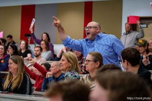 (Trent Nelson  |  The Salt Lake Tribune) A question is shouted at a joint town hall with Reps. Celeste Maloy and Mike Kennedy in Salt Lake City on Thursday, March 20, 2025.
