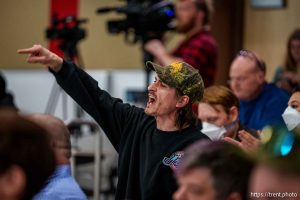 (Trent Nelson  |  The Salt Lake Tribune) A comment is made at a joint town hall with Reps. Celeste Maloy and Mike Kennedy in Salt Lake City on Thursday, March 20, 2025.
