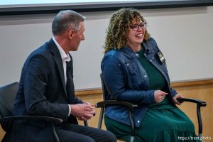 (Trent Nelson  |  The Salt Lake Tribune) Reps. Mike Kennedy and Celeste Maloy at a joint town hall in Salt Lake City on Thursday, March 20, 2025.