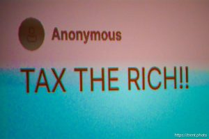 (Trent Nelson  |  The Salt Lake Tribune) Anonymous comment: TAX THE RICH!! at a joint town hall with Reps. Celeste Maloy and Mike Kennedy in Salt Lake City on Thursday, March 20, 2025.