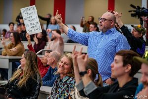 (Trent Nelson  |  The Salt Lake Tribune) The crowd at a town hall reacts when Rep. Mike Kennedy raises his camera for a selfie, in Salt Lake City on Thursday, March 20, 2025.