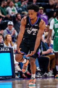 (Trent Nelson  |  The Salt Lake Tribune) Utah Jazz guard Collin Sexton (2) celebrates a basket as the Utah Jazz host the Boston Celtics, NBA basketball in Salt Lake City on Friday, March 21, 2025.