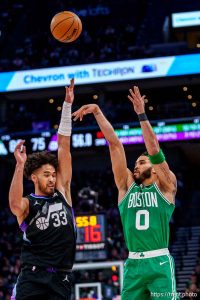 (Trent Nelson  |  The Salt Lake Tribune) 
Boston Celtics forward Jayson Tatum (0) shoots over Utah Jazz guard Johnny Juzang (33) as the Utah Jazz host the Boston Celtics, NBA basketball in Salt Lake City on Friday, March 21, 2025.