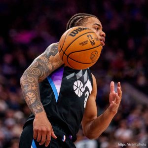 (Trent Nelson  |  The Salt Lake Tribune) Utah Jazz guard Keyonte George (3) takes the inbound pass as the Utah Jazz host the Boston Celtics, NBA basketball in Salt Lake City on Friday, March 21, 2025.