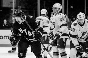 (Trent Nelson  |  The Salt Lake Tribune) Utah Hockey Club right wing Josh Doan (91) celebrates a goal as Utah Hockey Club hosts the Tampa Bay Lightning, NHL hockey at the Delta Center in Salt Lake City on Saturday, March 22, 2025.