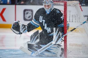 (Trent Nelson  |  The Salt Lake Tribune) Utah Hockey Club goaltender Karel Vejmelka (70) as Utah Hockey Club hosts the Tampa Bay Lightning, NHL hockey at the Delta Center in Salt Lake City on Saturday, March 22, 2025.