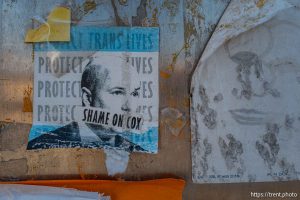 Gov. Spencer Cox, sticker - protect trans lives, shame on cox, on Tuesday, March 25, 2025.