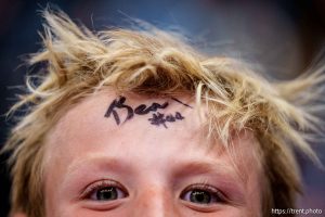 (Trent Nelson  |  The Salt Lake Tribune) A young fan autographed by the Jazz Bear as the Utah Jazz host the Oklahoma City Thunder, NBA basketball in Salt Lake City on Friday, April 11, 2025.