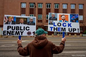 (Trent Nelson  |  The Salt Lake Tribune) People gather at the Wallace F. Bennett Federal Building to protest the administration's refusal to bring Kilmar Armando Abrego Garcia back, in Salt Lake City on Wednesday, April 16, 2025.