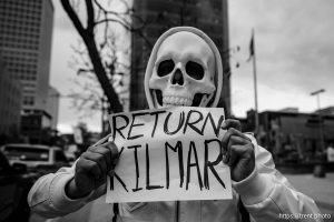 (Trent Nelson  |  The Salt Lake Tribune) People gather at the Wallace F. Bennett Federal Building to protest the administration's refusal to bring Kilmar Armando Abrego Garcia back, in Salt Lake City on Wednesday, April 16, 2025.