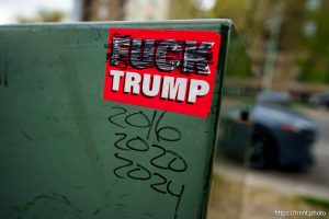 fuck trump sticker, in Salt Lake City on Wednesday, April 16, 2025.