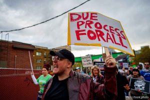 (Trent Nelson  |  The Salt Lake Tribune) People march to the Consulate of El Salvador to protest the Trump administration's refusal to bring Kilmar Armando Abrego Garcia back, in Salt Lake City on Wednesday, April 16, 2025.