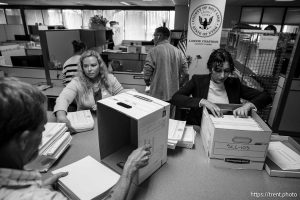 (Trent Nelson  |  The Salt Lake Tribune) Boxes of signatures are checked in at the Salt Lake County Clerk's office as labor leaders attempt to qualify a referendum repealing an anti-union bill, on Wednesday, April 16, 2025.