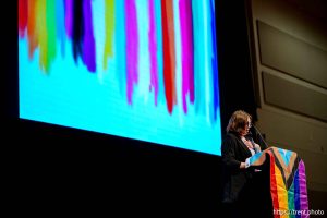 (Trent Nelson  |  The Salt Lake Tribune) Asia Bushman speaks as Utah Valley University students speak out about the closing of their multicultural center on campus, including a space for LGBTQ community members, in Orem on Thursday, April 17, 2025.