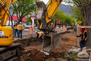 (Trent Nelson  |  The Salt Lake Tribune) Road construction along 2100 South through the heart of Sugar House in Salt Lake City on Thursday, April 24, 2025.