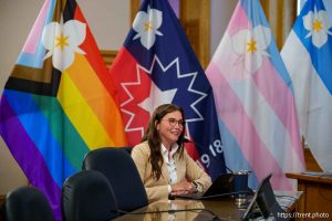 (Trent Nelson  |  The Salt Lake Tribune) Mayor Erin Mendenhall proposes three new city flags during a meeting of the Salt Lake City Council on Tuesday, May 6, 2025.