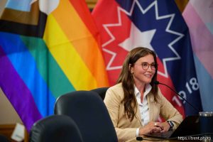 (Trent Nelson  |  The Salt Lake Tribune) Mayor Erin Mendenhall proposes three new city flags during a meeting of the Salt Lake City Council on Tuesday, May 6, 2025.