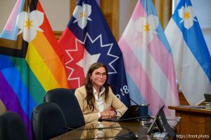 (Trent Nelson  |  The Salt Lake Tribune) Mayor Erin Mendenhall proposes three new city flags during a meeting of the Salt Lake City Council on Tuesday, May 6, 2025.