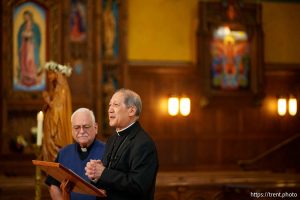 (Trent Nelson  |  The Salt Lake Tribune) Bishop Oscar Solis speaks on the election of Pope Leo XIV at the Cathedral of the Madeleine in Salt Lake City on Thursday, May 8, 2025. At left is Father Martin Diaz, rector of the Cathedral of the Madeleine.