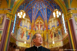(Trent Nelson  |  The Salt Lake Tribune) Bishop Oscar Solis prepares to speak on the election of Pope Leo XIV at the Cathedral of the Madeleine in Salt Lake City on Thursday, May 8, 2025.