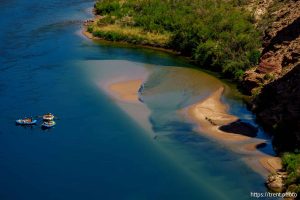 (Trent Nelson  |  The Salt Lake Tribune) Rafts on the Colorado River as seen from Navajo Bridge in Ariz. on Tuesday, May 20, 2025.