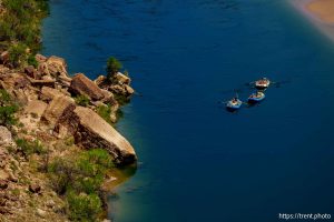 (Trent Nelson  |  The Salt Lake Tribune) Rafts on the Colorado River as seen from Navajo Bridge in Ariz. on Tuesday, May 20, 2025.