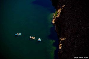 (Trent Nelson  |  The Salt Lake Tribune) Rafts on the Colorado River as seen from Navajo Bridge in Ariz. on Tuesday, May 20, 2025.