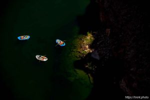(Trent Nelson  |  The Salt Lake Tribune) Rafts on the Colorado River as seen from Navajo Bridge in Ariz. on Tuesday, May 20, 2025.