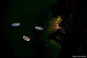 (Trent Nelson  |  The Salt Lake Tribune) Rafts on the Colorado River as seen from Navajo Bridge in Ariz. on Tuesday, May 20, 2025.