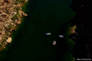 (Trent Nelson  |  The Salt Lake Tribune) Rafts on the Colorado River as seen from Navajo Bridge in Ariz. on Tuesday, May 20, 2025.