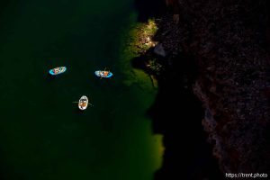 (Trent Nelson  |  The Salt Lake Tribune) Rafts on the Colorado River as seen from Navajo Bridge in Ariz. on Tuesday, May 20, 2025.