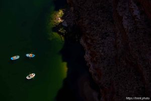 (Trent Nelson  |  The Salt Lake Tribune) Rafts on the Colorado River as seen from Navajo Bridge in Ariz. on Tuesday, May 20, 2025.