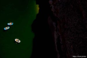 (Trent Nelson  |  The Salt Lake Tribune) Rafts on the Colorado River as seen from Navajo Bridge in Ariz. on Tuesday, May 20, 2025.