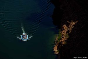 (Trent Nelson  |  The Salt Lake Tribune) Rafts on the Colorado River as seen from Navajo Bridge in Ariz. on Tuesday, May 20, 2025.