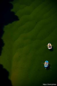 (Trent Nelson  |  The Salt Lake Tribune) Rafts on the Colorado River as seen from Navajo Bridge in Ariz. on Tuesday, May 20, 2025.