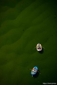 (Trent Nelson  |  The Salt Lake Tribune) Rafts on the Colorado River as seen from Navajo Bridge in Ariz. on Tuesday, May 20, 2025.