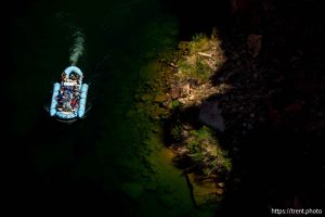 (Trent Nelson  |  The Salt Lake Tribune) Rafts on the Colorado River as seen from Navajo Bridge in Ariz. on Tuesday, May 20, 2025.