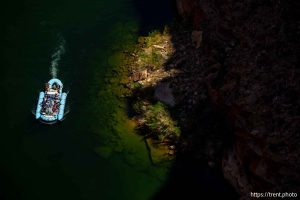 (Trent Nelson  |  The Salt Lake Tribune) Rafts on the Colorado River as seen from Navajo Bridge in Ariz. on Tuesday, May 20, 2025.