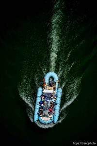 (Trent Nelson  |  The Salt Lake Tribune) Rafts on the Colorado River as seen from Navajo Bridge in Ariz. on Tuesday, May 20, 2025.